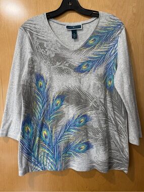 Karen Scott Gray V-Neck Long Sleeve Top with Blue & Green Peacock Feather Design